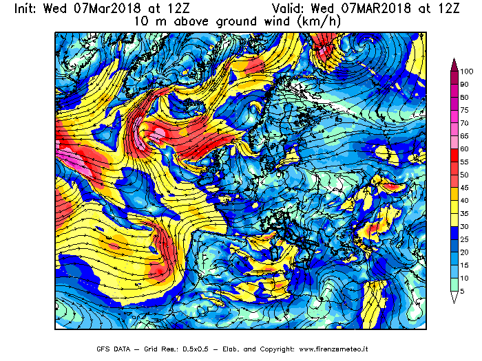 Mappa di analisi GFS - Velocità del vento a 10 metri dal suolo [km/h] in Europa
							del 07/03/2018 12 <!--googleoff: index-->UTC<!--googleon: index-->