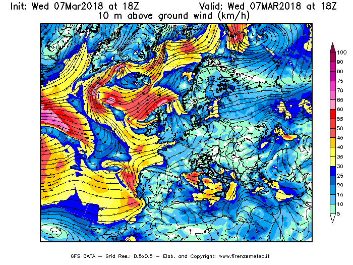 Mappa di analisi GFS - Velocità del vento a 10 metri dal suolo [km/h] in Europa
							del 07/03/2018 18 <!--googleoff: index-->UTC<!--googleon: index-->