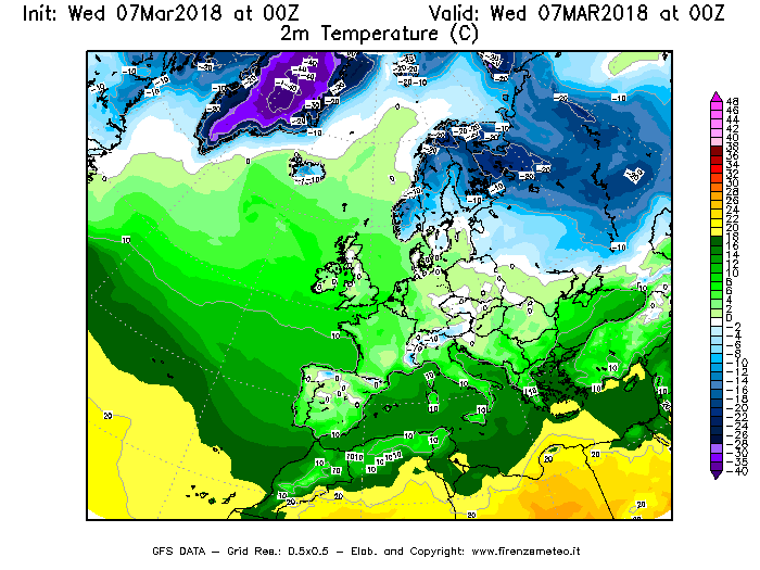 Mappa di analisi GFS - Temperatura a 2 metri dal suolo [°C] in Europa
							del 07/03/2018 00 <!--googleoff: index-->UTC<!--googleon: index-->