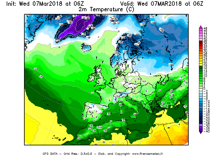 Mappa di analisi GFS - Temperatura a 2 metri dal suolo [°C] in Europa
							del 07/03/2018 06 <!--googleoff: index-->UTC<!--googleon: index-->
