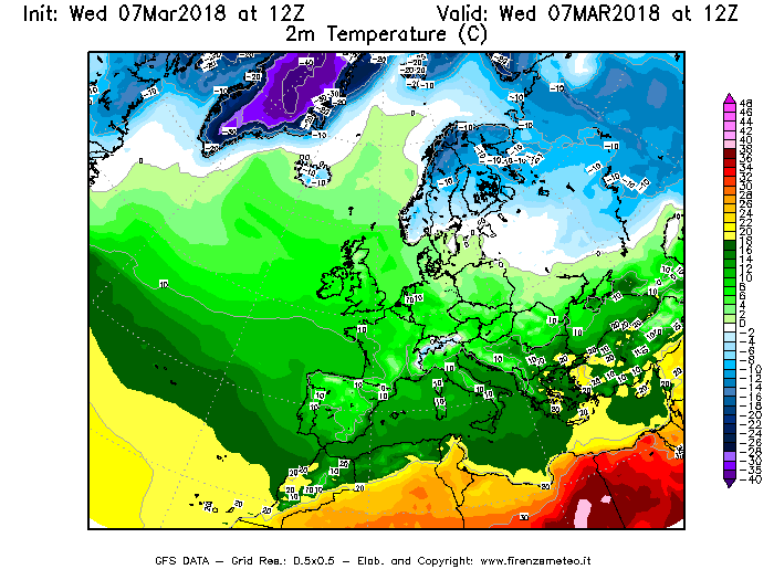 Mappa di analisi GFS - Temperatura a 2 metri dal suolo [°C] in Europa
							del 07/03/2018 12 <!--googleoff: index-->UTC<!--googleon: index-->