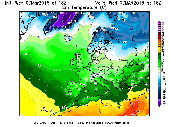 Mappa di analisi GFS - Temperatura a 2 metri dal suolo [°C] in Europa
							del 07/03/2018 18 <!--googleoff: index-->UTC<!--googleon: index-->