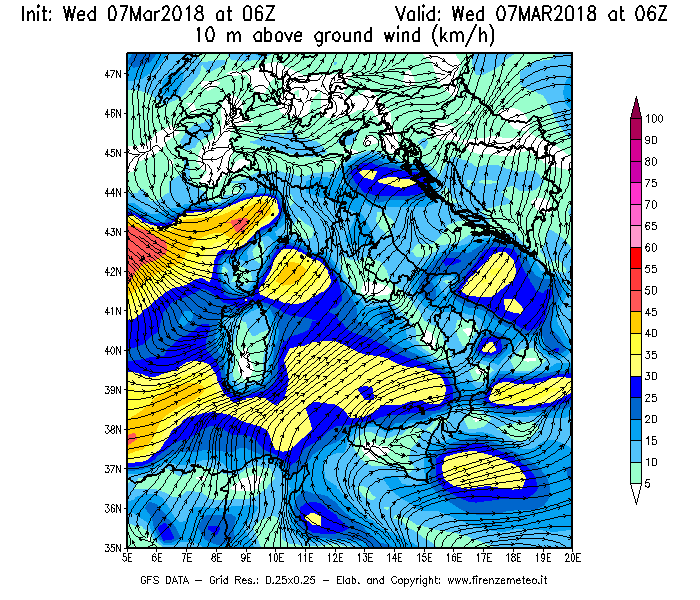 Mappa di analisi GFS - Velocità del vento a 10 metri dal suolo [km/h] in Italia
							del 07/03/2018 06 <!--googleoff: index-->UTC<!--googleon: index-->