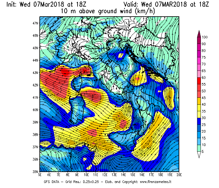 Mappa di analisi GFS - Velocità del vento a 10 metri dal suolo [km/h] in Italia
							del 07/03/2018 18 <!--googleoff: index-->UTC<!--googleon: index-->