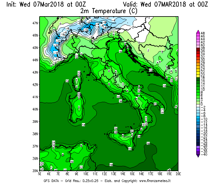 Mappa di analisi GFS - Temperatura a 2 metri dal suolo [°C] in Italia
							del 07/03/2018 00 <!--googleoff: index-->UTC<!--googleon: index-->