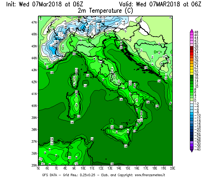 Mappa di analisi GFS - Temperatura a 2 metri dal suolo [°C] in Italia
							del 07/03/2018 06 <!--googleoff: index-->UTC<!--googleon: index-->
