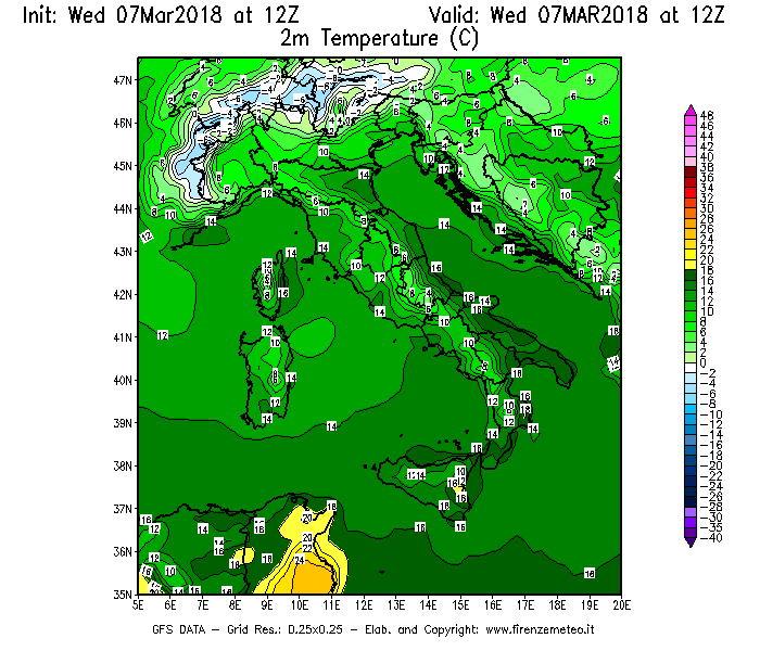 Mappa di analisi GFS - Temperatura a 2 metri dal suolo [°C] in Italia
							del 07/03/2018 12 <!--googleoff: index-->UTC<!--googleon: index-->