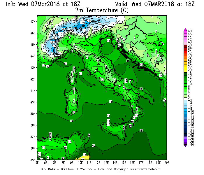 Mappa di analisi GFS - Temperatura a 2 metri dal suolo [°C] in Italia
							del 07/03/2018 18 <!--googleoff: index-->UTC<!--googleon: index-->