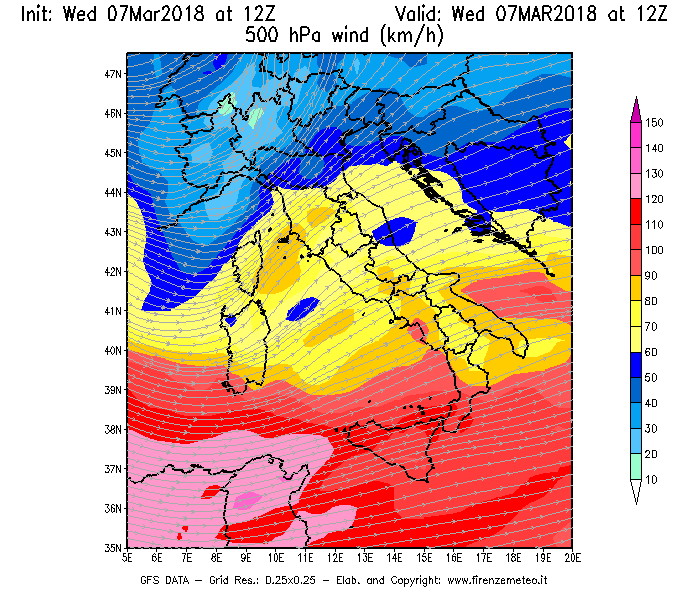 Mappa di analisi GFS - Velocità del vento a 500 hPa [km/h] in Italia
							del 07/03/2018 12 <!--googleoff: index-->UTC<!--googleon: index-->