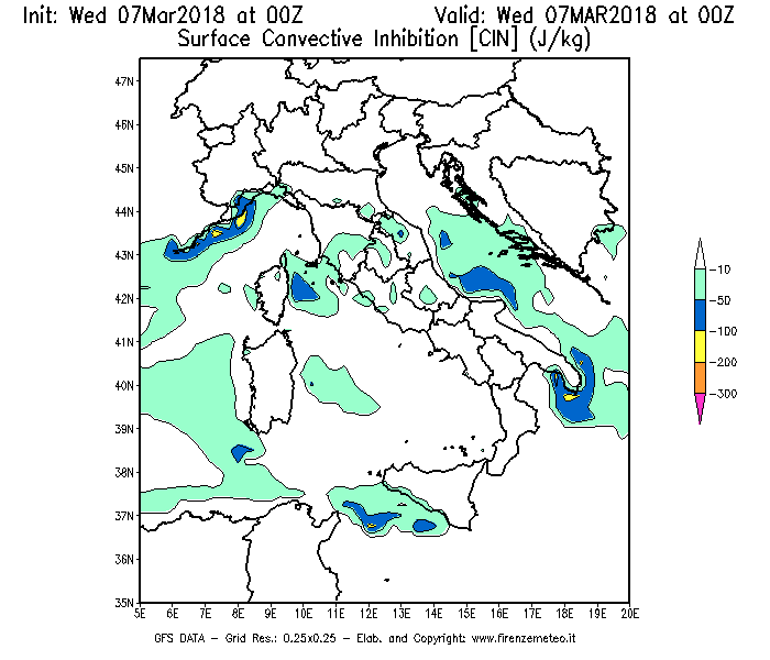 Mappa di analisi GFS - CIN [J/kg] in Italia
							del 07/03/2018 00 <!--googleoff: index-->UTC<!--googleon: index-->