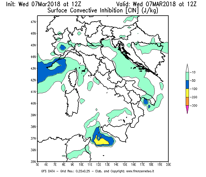 Mappa di analisi GFS - CIN [J/kg] in Italia
							del 07/03/2018 12 <!--googleoff: index-->UTC<!--googleon: index-->