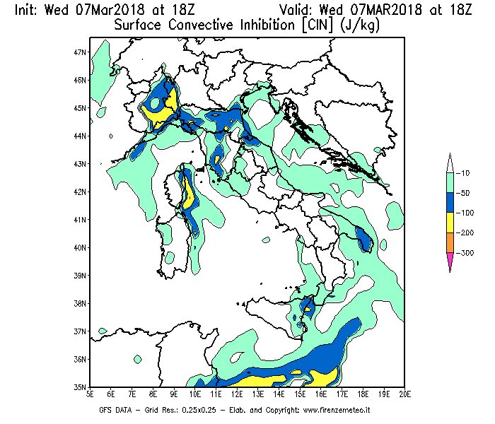 Mappa di analisi GFS - CIN [J/kg] in Italia
							del 07/03/2018 18 <!--googleoff: index-->UTC<!--googleon: index-->
