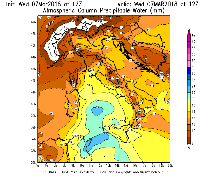 Mappa di analisi GFS - Precipitable Water [mm] in Italia
							del 07/03/2018 12 <!--googleoff: index-->UTC<!--googleon: index-->