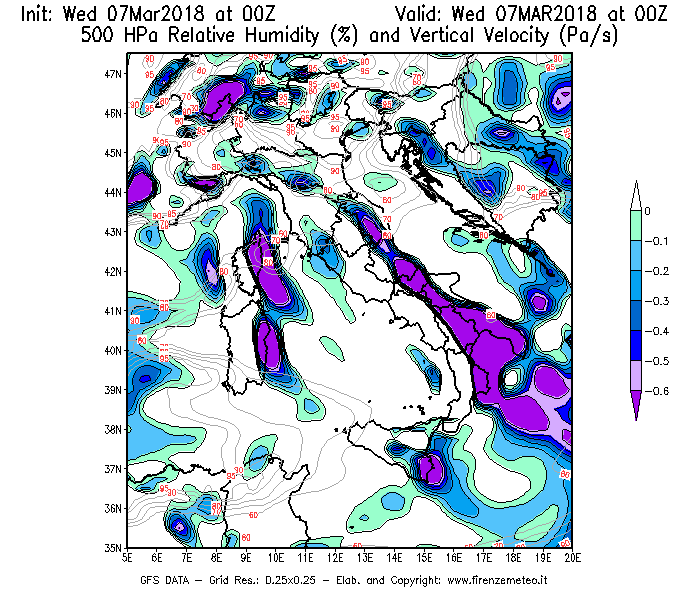 Mappa di analisi GFS - Umidità relativa [%] e Omega [Pa/s] a 500 hPa in Italia
							del 07/03/2018 00 <!--googleoff: index-->UTC<!--googleon: index-->