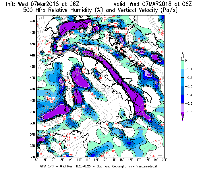 Mappa di analisi GFS - Umidità relativa [%] e Omega [Pa/s] a 500 hPa in Italia
							del 07/03/2018 06 <!--googleoff: index-->UTC<!--googleon: index-->
