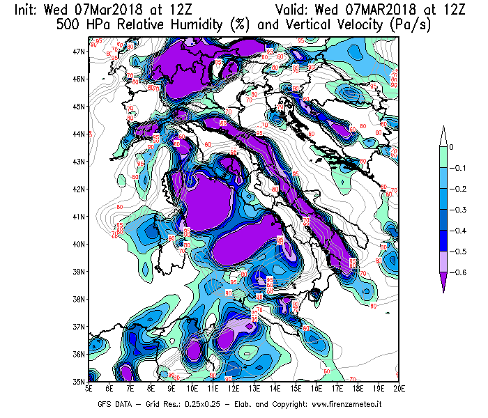 Mappa di analisi GFS - Umidità relativa [%] e Omega [Pa/s] a 500 hPa in Italia
							del 07/03/2018 12 <!--googleoff: index-->UTC<!--googleon: index-->