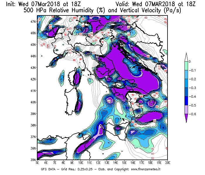 Mappa di analisi GFS - Umidità relativa [%] e Omega [Pa/s] a 500 hPa in Italia
							del 07/03/2018 18 <!--googleoff: index-->UTC<!--googleon: index-->