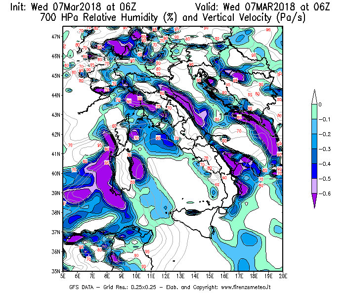 Mappa di analisi GFS - Umidità relativa [%] e Omega [Pa/s] a 700 hPa in Italia
							del 07/03/2018 06 <!--googleoff: index-->UTC<!--googleon: index-->