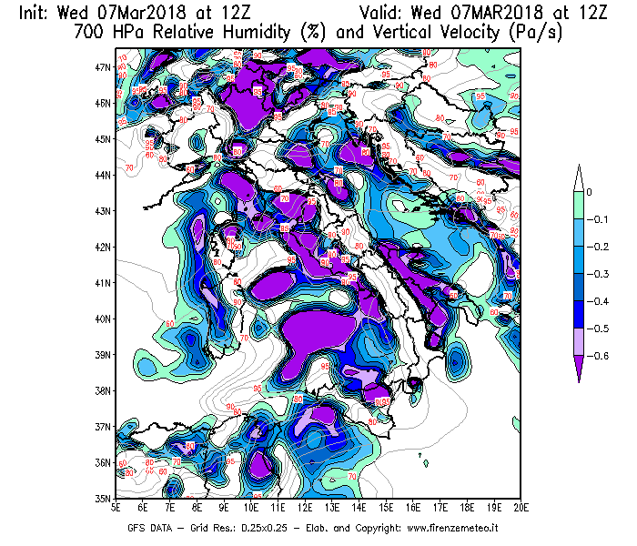 Mappa di analisi GFS - Umidità relativa [%] e Omega [Pa/s] a 700 hPa in Italia
							del 07/03/2018 12 <!--googleoff: index-->UTC<!--googleon: index-->