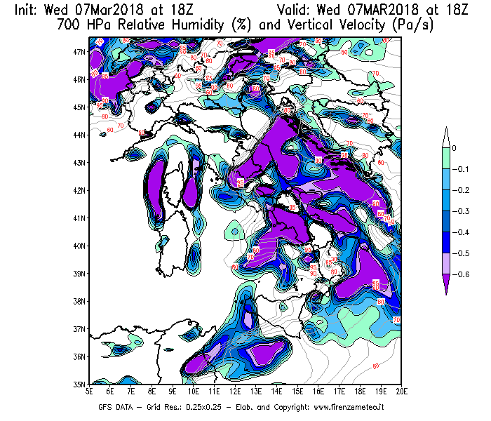 Mappa di analisi GFS - Umidità relativa [%] e Omega [Pa/s] a 700 hPa in Italia
							del 07/03/2018 18 <!--googleoff: index-->UTC<!--googleon: index-->