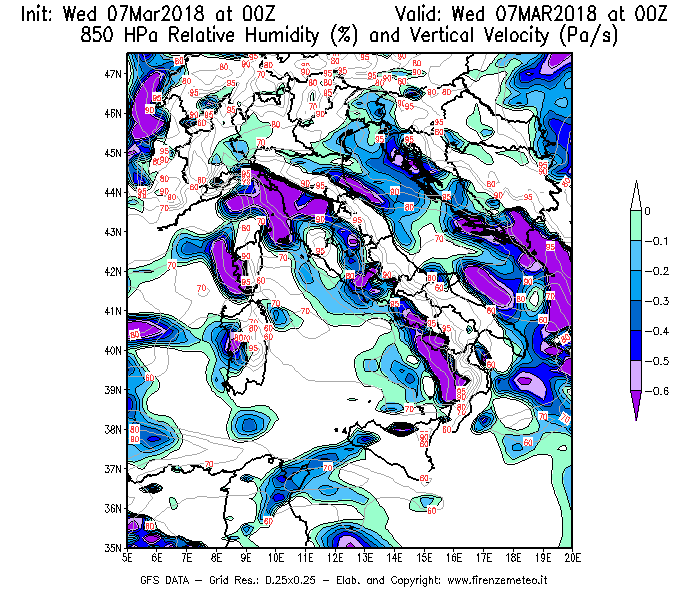 Mappa di analisi GFS - Umidità relativa [%] e Omega [Pa/s] a 850 hPa in Italia
							del 07/03/2018 00 <!--googleoff: index-->UTC<!--googleon: index-->