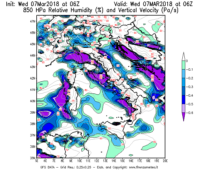 Mappa di analisi GFS - Umidità relativa [%] e Omega [Pa/s] a 850 hPa in Italia
							del 07/03/2018 06 <!--googleoff: index-->UTC<!--googleon: index-->