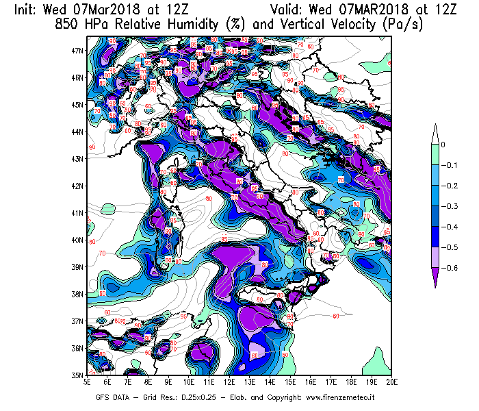 Mappa di analisi GFS - Umidità relativa [%] e Omega [Pa/s] a 850 hPa in Italia
							del 07/03/2018 12 <!--googleoff: index-->UTC<!--googleon: index-->