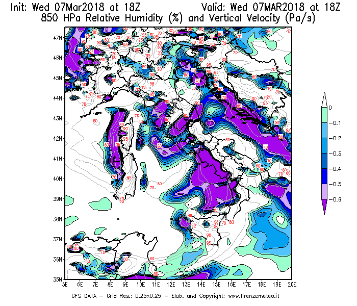 Mappa di analisi GFS - Umidità relativa [%] e Omega [Pa/s] a 850 hPa in Italia
							del 07/03/2018 18 <!--googleoff: index-->UTC<!--googleon: index-->