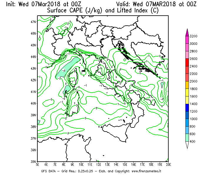 Mappa di analisi GFS - CAPE [J/kg] e Lifted Index [°C] in Italia
							del 07/03/2018 00 <!--googleoff: index-->UTC<!--googleon: index-->