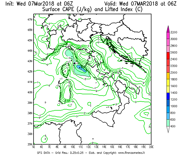 Mappa di analisi GFS - CAPE [J/kg] e Lifted Index [°C] in Italia
							del 07/03/2018 06 <!--googleoff: index-->UTC<!--googleon: index-->