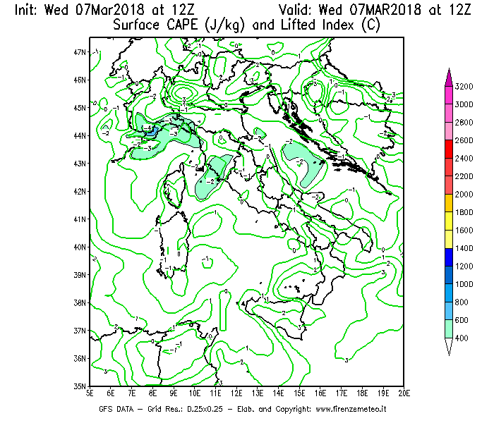Mappa di analisi GFS - CAPE [J/kg] e Lifted Index [°C] in Italia
							del 07/03/2018 12 <!--googleoff: index-->UTC<!--googleon: index-->