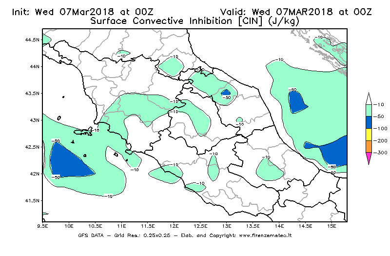 Mappa di analisi GFS - CIN [J/kg] in Centro-Italia
							del 07/03/2018 00 <!--googleoff: index-->UTC<!--googleon: index-->