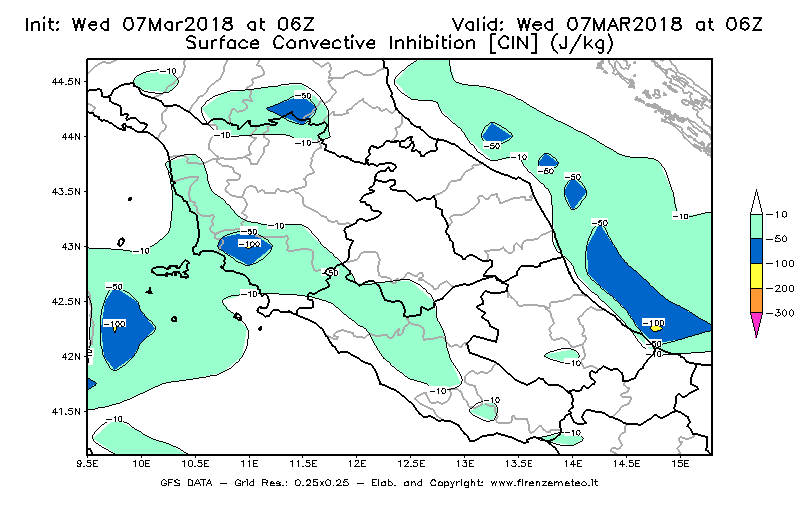 Mappa di analisi GFS - CIN [J/kg] in Centro-Italia
							del 07/03/2018 06 <!--googleoff: index-->UTC<!--googleon: index-->