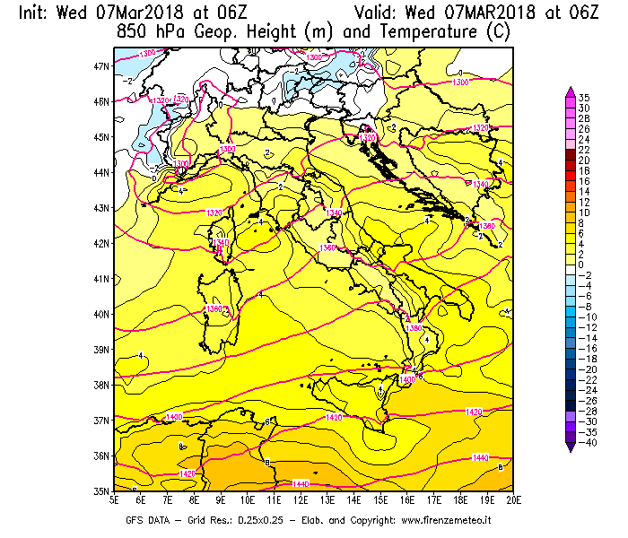 Mappa di analisi GFS - Geopotenziale [m] e Temperatura [°C] a 850 hPa in Italia
							del 07/03/2018 06 <!--googleoff: index-->UTC<!--googleon: index-->