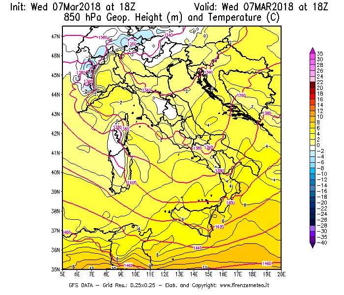 Mappa di analisi GFS - Geopotenziale [m] e Temperatura [°C] a 850 hPa in Italia
							del 07/03/2018 18 <!--googleoff: index-->UTC<!--googleon: index-->