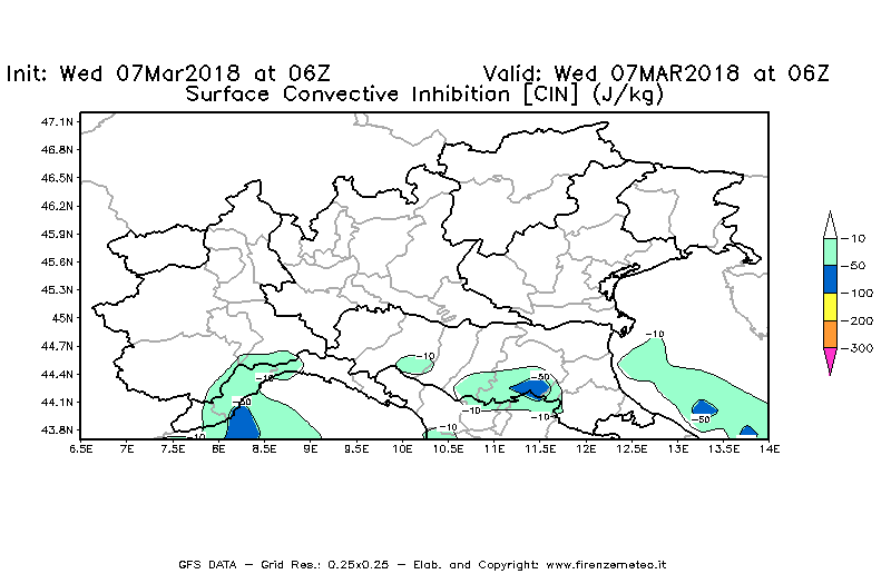Mappa di analisi GFS - CIN [J/kg] in Nord-Italia
							del 07/03/2018 06 <!--googleoff: index-->UTC<!--googleon: index-->