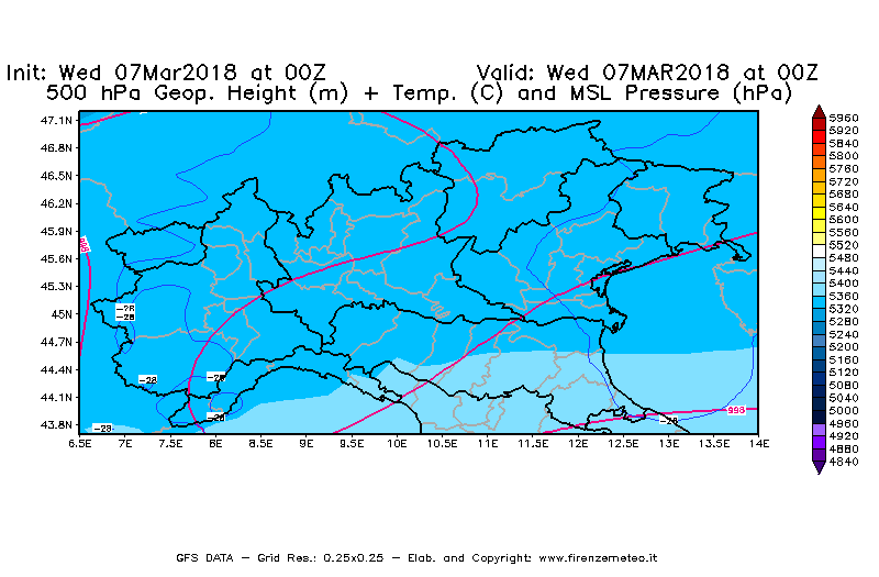 Mappa di analisi GFS - Geopotenziale [m] + Temp. [°C] a 500 hPa + Press. a livello del mare [hPa] in Nord-Italia
							del 07/03/2018 00 <!--googleoff: index-->UTC<!--googleon: index-->