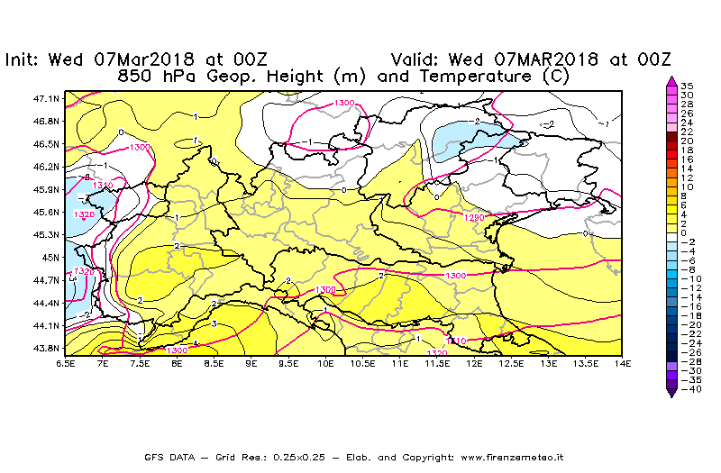 Mappa di analisi GFS - Geopotenziale [m] e Temperatura [°C] a 850 hPa in Nord-Italia
							del 07/03/2018 00 <!--googleoff: index-->UTC<!--googleon: index-->