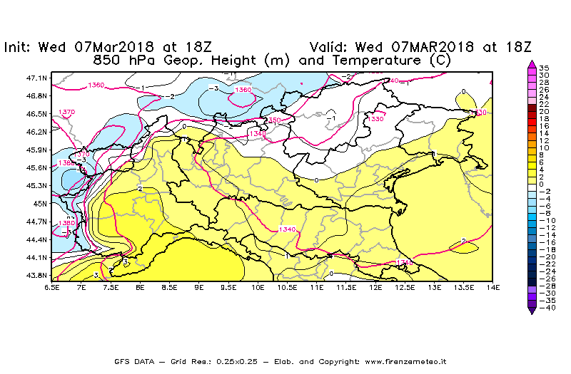 Mappa di analisi GFS - Geopotenziale [m] e Temperatura [°C] a 850 hPa in Nord-Italia
							del 07/03/2018 18 <!--googleoff: index-->UTC<!--googleon: index-->