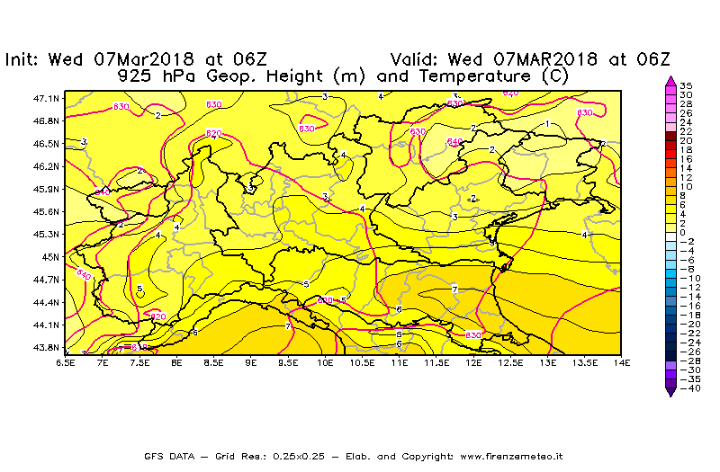 Mappa di analisi GFS - Geopotenziale [m] e Temperatura [°C] a 925 hPa in Nord-Italia
							del 07/03/2018 06 <!--googleoff: index-->UTC<!--googleon: index-->