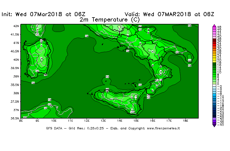 Mappa di analisi GFS - Temperatura a 2 metri dal suolo [°C] in Sud-Italia
							del 07/03/2018 06 <!--googleoff: index-->UTC<!--googleon: index-->