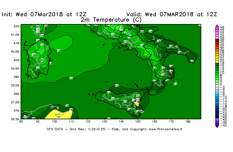 Mappa di analisi GFS - Temperatura a 2 metri dal suolo [°C] in Sud-Italia
							del 07/03/2018 12 <!--googleoff: index-->UTC<!--googleon: index-->