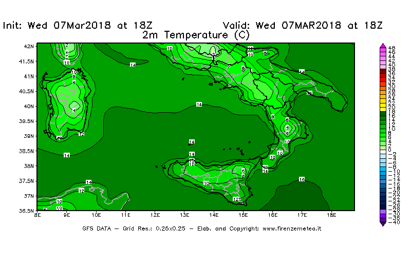 Mappa di analisi GFS - Temperatura a 2 metri dal suolo [°C] in Sud-Italia
							del 07/03/2018 18 <!--googleoff: index-->UTC<!--googleon: index-->