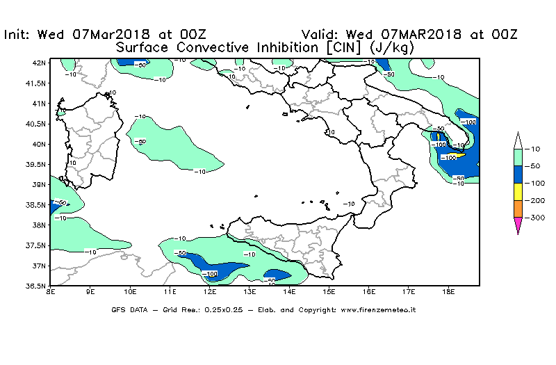 Mappa di analisi GFS - CIN [J/kg] in Sud-Italia
							del 07/03/2018 00 <!--googleoff: index-->UTC<!--googleon: index-->
