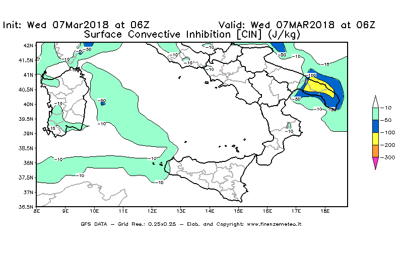 Mappa di analisi GFS - CIN [J/kg] in Sud-Italia
							del 07/03/2018 06 <!--googleoff: index-->UTC<!--googleon: index-->