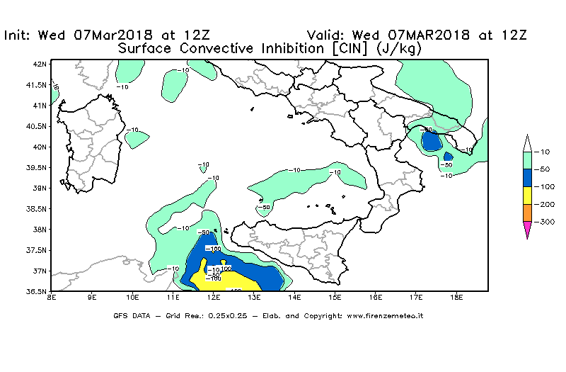 Mappa di analisi GFS - CIN [J/kg] in Sud-Italia
							del 07/03/2018 12 <!--googleoff: index-->UTC<!--googleon: index-->