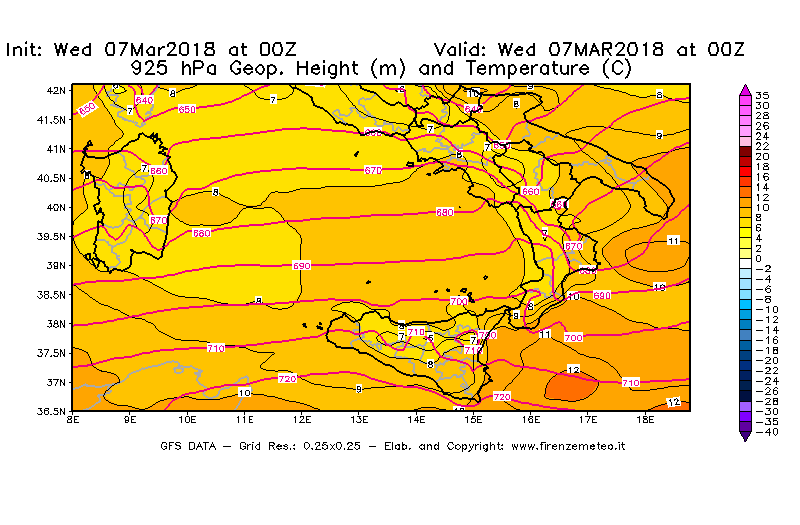 Mappa di analisi GFS - Geopotenziale [m] e Temperatura [°C] a 925 hPa in Sud-Italia
							del 07/03/2018 00 <!--googleoff: index-->UTC<!--googleon: index-->