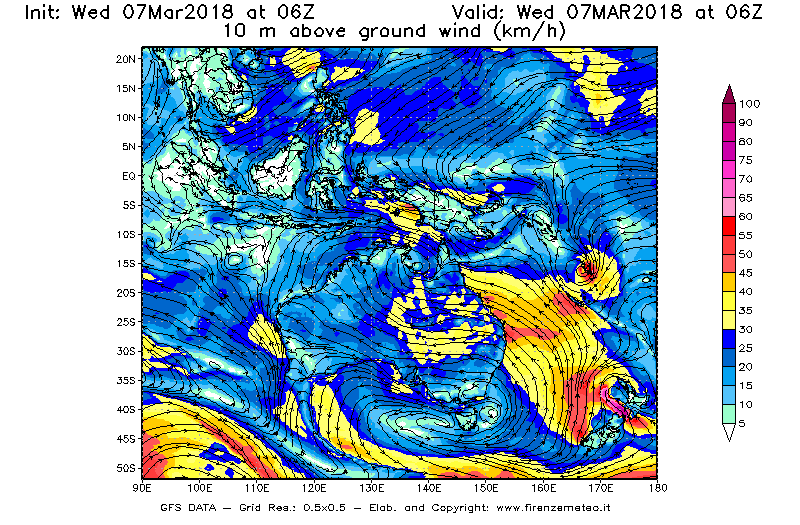 Mappa di analisi GFS - Velocità del vento a 10 metri dal suolo [km/h] in Oceania
							del 07/03/2018 06 <!--googleoff: index-->UTC<!--googleon: index-->