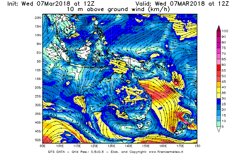 Mappa di analisi GFS - Velocità del vento a 10 metri dal suolo [km/h] in Oceania
							del 07/03/2018 12 <!--googleoff: index-->UTC<!--googleon: index-->