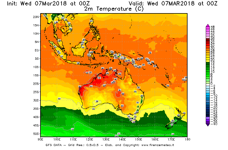 Mappa di analisi GFS - Temperatura a 2 metri dal suolo [°C] in Oceania
							del 07/03/2018 00 <!--googleoff: index-->UTC<!--googleon: index-->